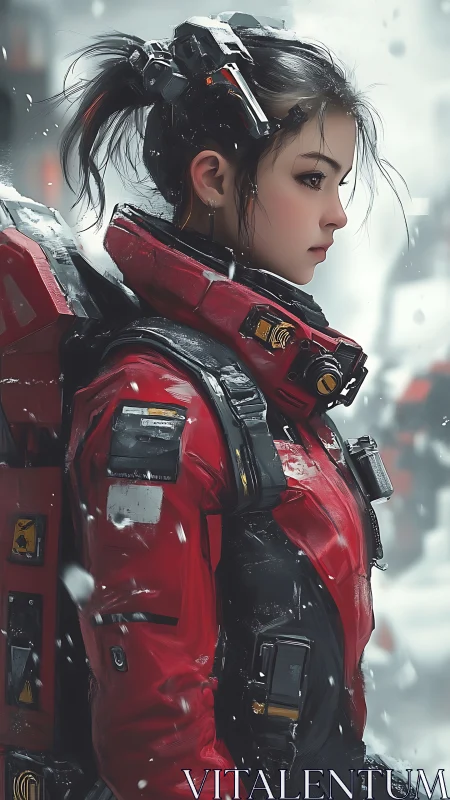 Young sci fi explorer in red armor braving a snowy world.
