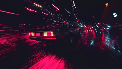 Retro-futuristic coupe under neon motion-blur vector field.