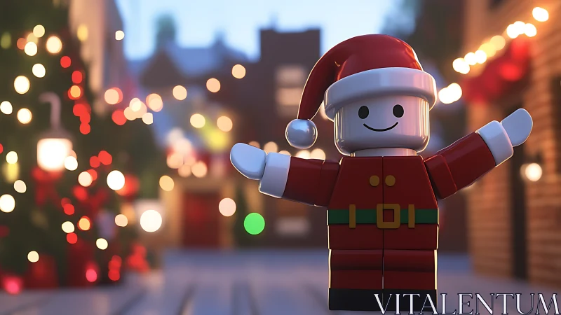 Cheerful Lego Santa welcomes viewers to a glowing festive street