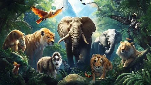 Majestic Gathering of Jungle Kings in Lush Paradise.