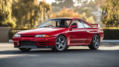 Crimson sports coupe in golden hour suburban streetscape.