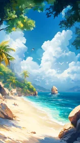 Tropical Paradise Beach with Turquoise Waters and Palm Trees.