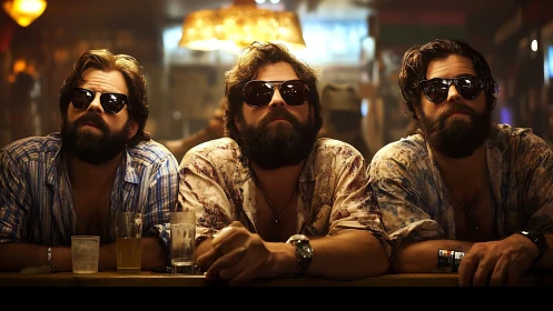 Bearded men in sunglasses at neon lit retro bar counter.