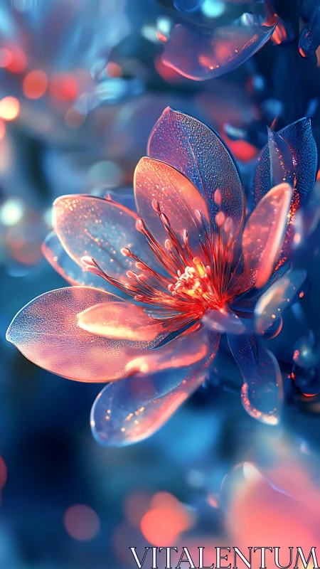Bioluminescent blossom glows against cool bokeh background