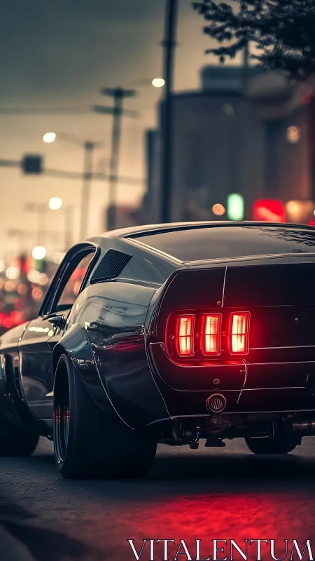 Classic fastback car on city street at dusk with lights on.