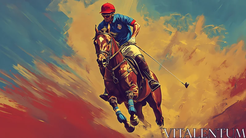 Dynamic digital painting of polo player riding forward fast