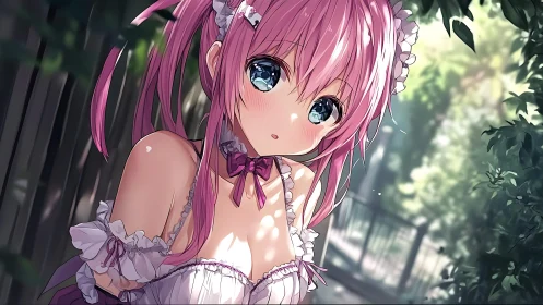 Pink haired anime girl in frilled dress outdoors in shade.