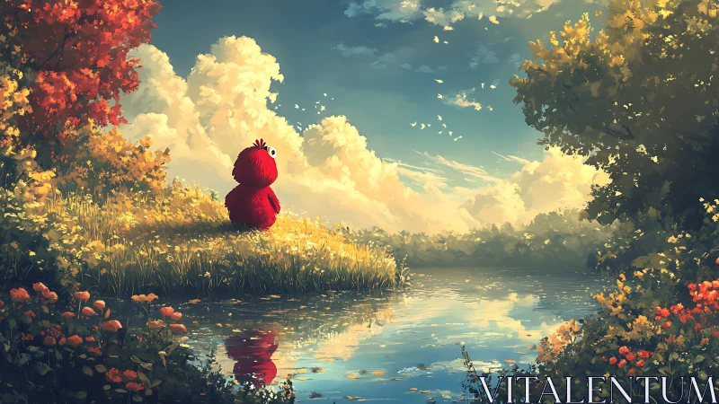 Red plush creature sits by reflective river in warm light
