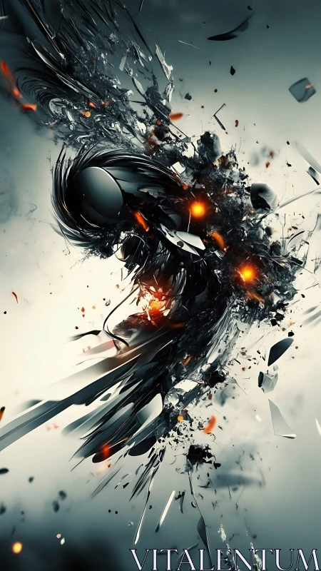 Shattered metal phoenix rising through glowing embers.