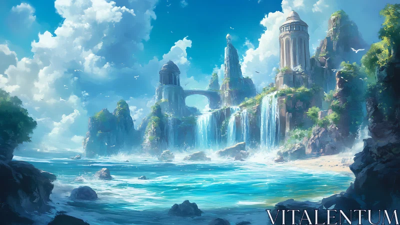 Waterfalls of Lost Atlantis: Floating Towers in Blue Serenity.