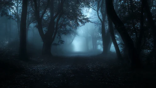Misty forest path welcomes quiet steps into soft blue dusk