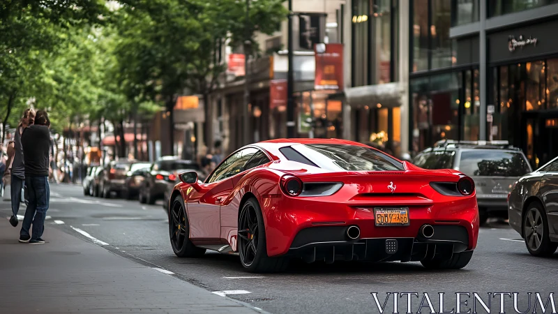 Red mid engine sports car parked on busy city street