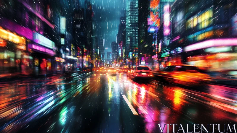 Neon rainstorm ignites a rushing midnight city boulevard.
