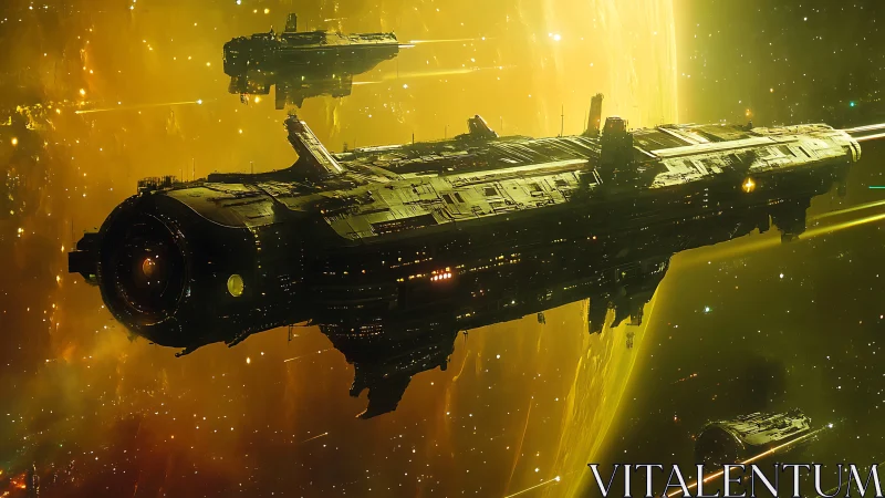 Colossal starcruisers drift past a molten aurora world.