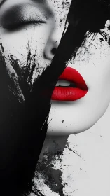 Bold red lips emerging through inky abstract shadows.