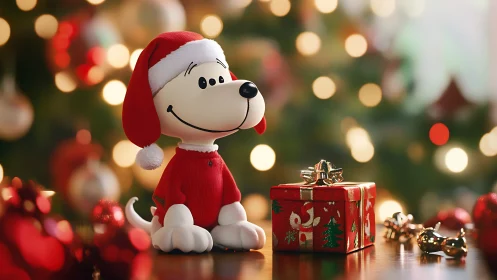 Festive cartoon dog figurine beside glowing Christmas gift.