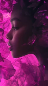Side-profile portrait in magenta floral diffusion lighting.