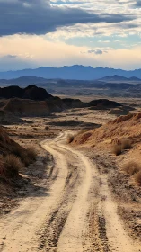 Winding dirt track through layered arid hills and mountains.