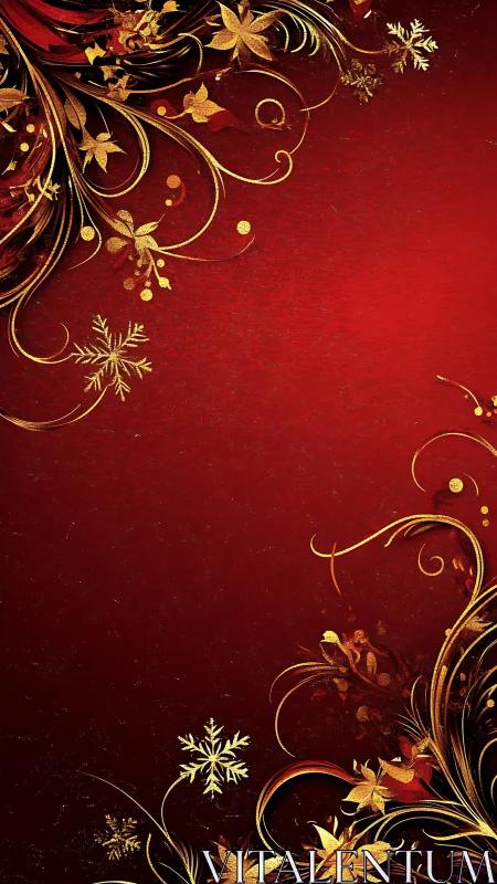 Metallic floral filigree on crimson textured background.