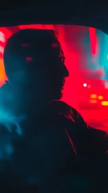 Silhouetted driver sits in neon red and blue city glow.