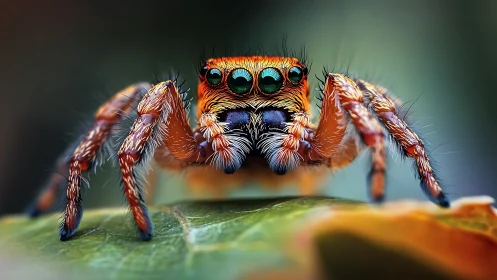 Macro frontal portrait of a vibrant jumping spider specimen.