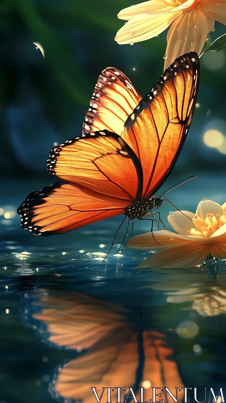 Monarch butterfly resting on flower above reflective water.