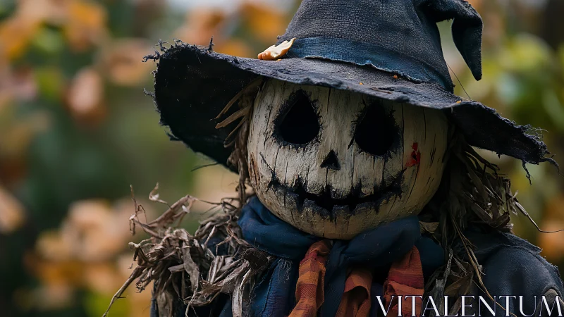 Weathered jack o lantern scarecrow with stitched fabric hat.