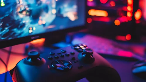 Colorful gaming controller waits in a cozy neon setup