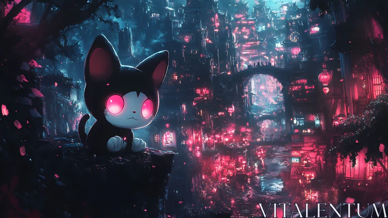 Glow-eyed kitten watching over a neon dream cityscape.