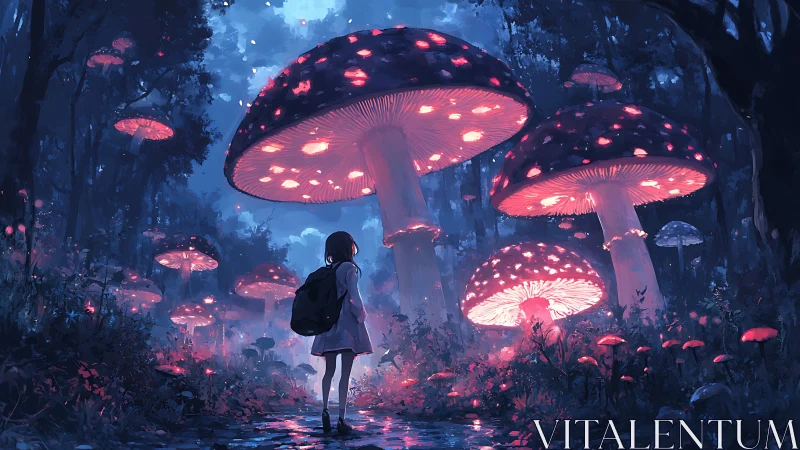Glowing giant mushrooms guiding lone child through forest.