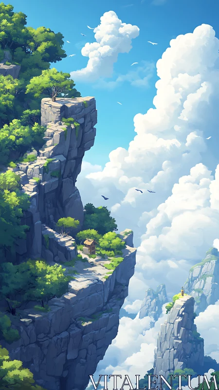 Solitary wooden hut clings to sunlit cliff above clouds