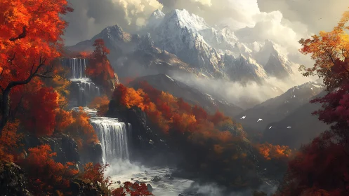Tiered waterfalls in autumn valley below snow mountains.