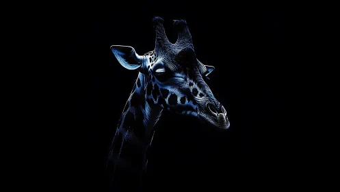 Low key neon-lit giraffe portrait with high contrast lighting.