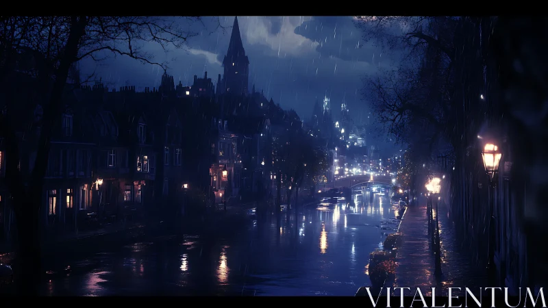 Digital painting of nocturnal rain-soaked canal cityscape.