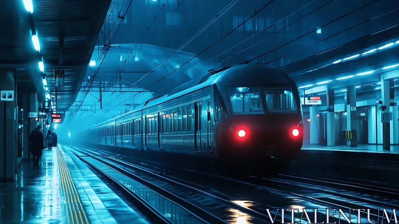 Nocturnal electric train enters misty station under blue LEDs