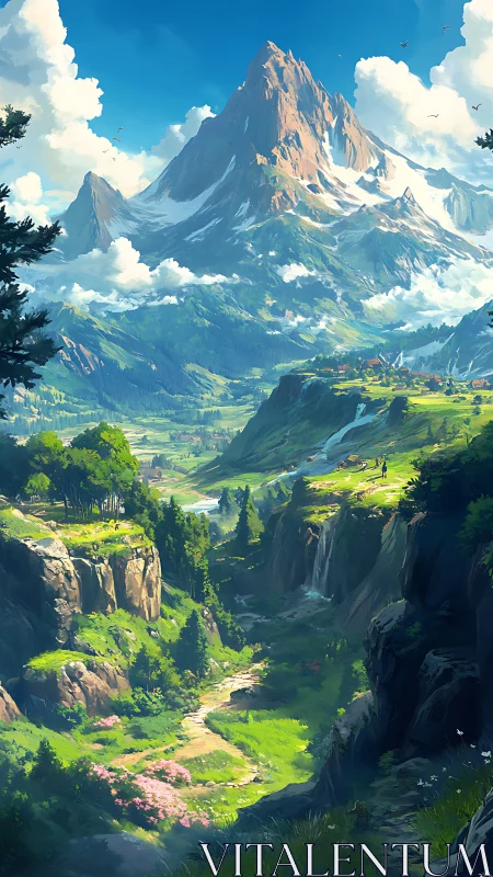 Sunlit mountain valley where winding paths meet clouds.