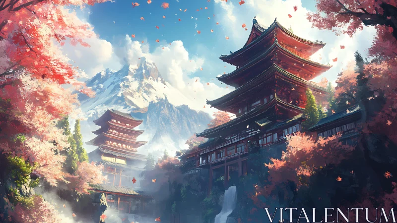 Mountain temple pagodas rise among vivid autumn sakura forest