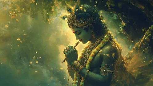 Divine musician stands in golden forest light and serene mist