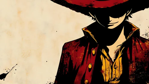 Silhouetted anime figure in red coat occupies right frame