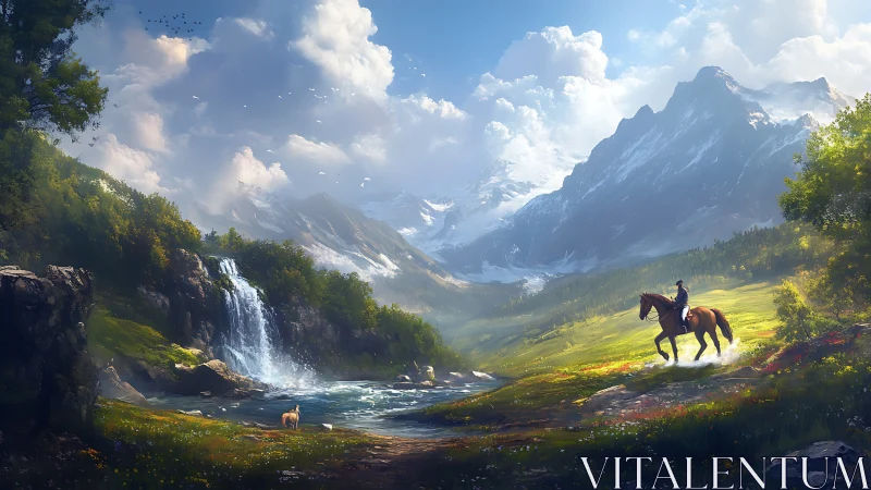 Digital painting of alpine rider with luminous waterfall focus.