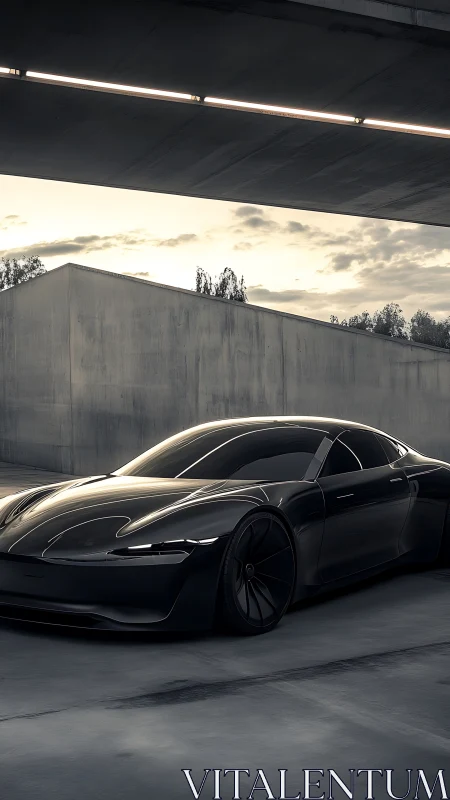 Sleek black supercar waits under concrete overpass at dusk