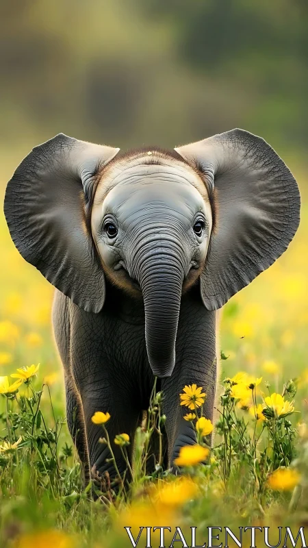 Baby elephant strolling through a golden flower meadow.