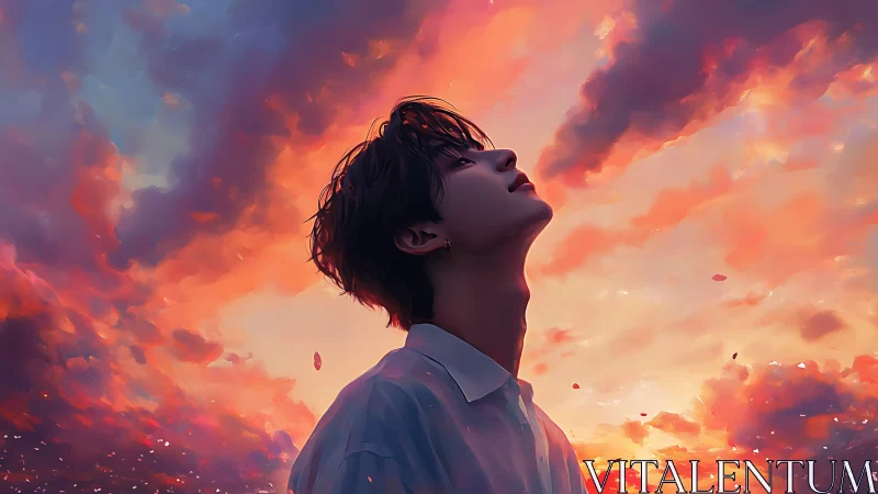 Sky-drenched dreamer tilts into a storm of painted light