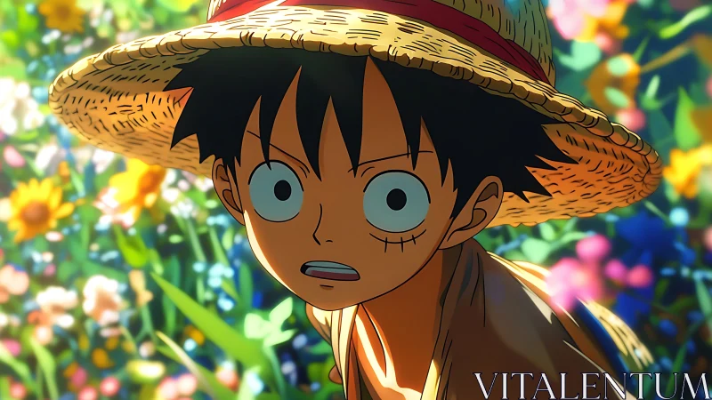 Straw-hatted dreamer freezes mid-gasp in a blaze of blooms