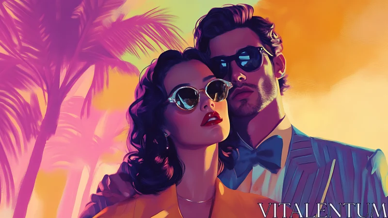 Stylized couple in sunglasses against tropical sunset backdrop.