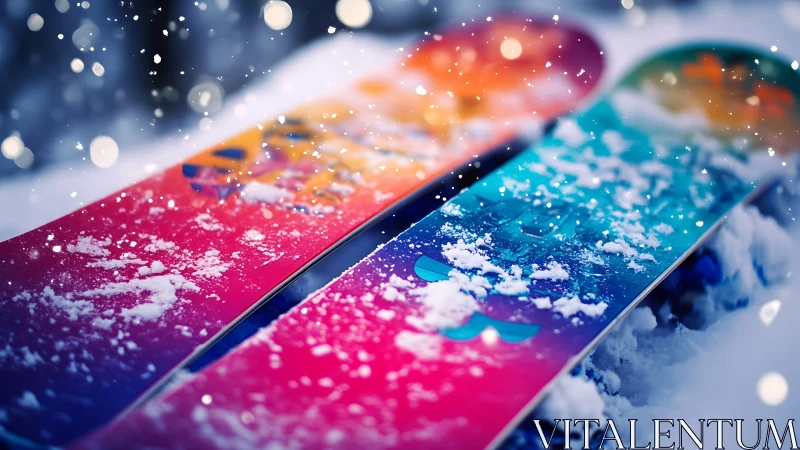 Twin snowboards with gradient graphics resting in shallow fresh powder