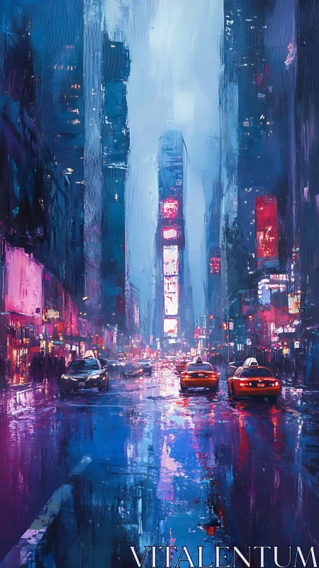 Rainy city avenue glowing with neon lights and yellow cabs.