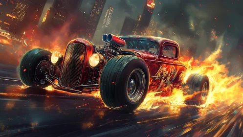Fiery hot rod tears through a neon soaked night cityscape.