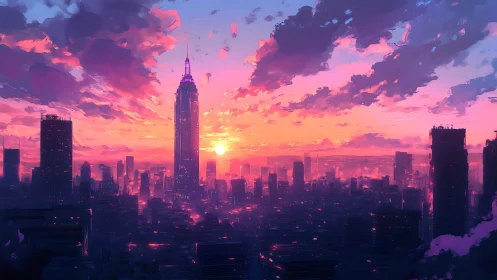 Neon dusk skyline where sunset paints a dreaming city.