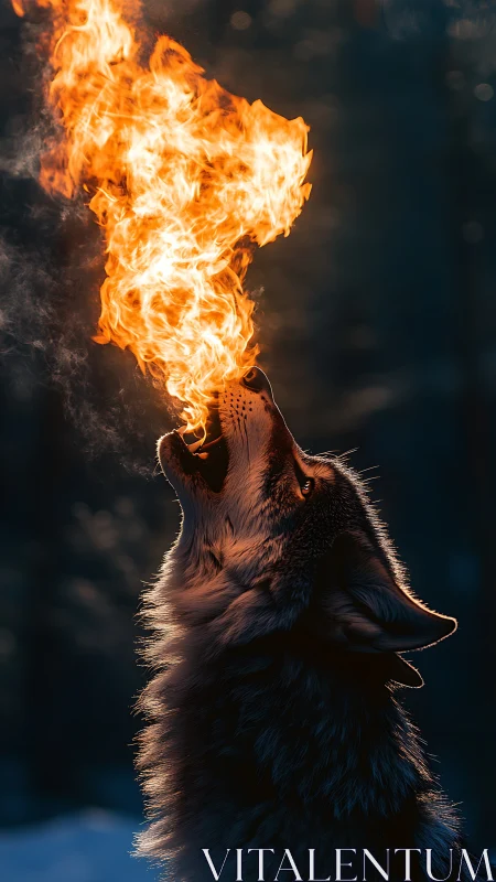 Photorealistic wolf side profile expelling vertical fire plume